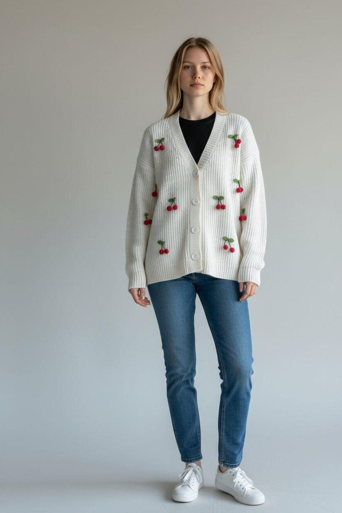 Knit Cotton Angora Cherry Detail Modest Sweater - White - EREN STYLE