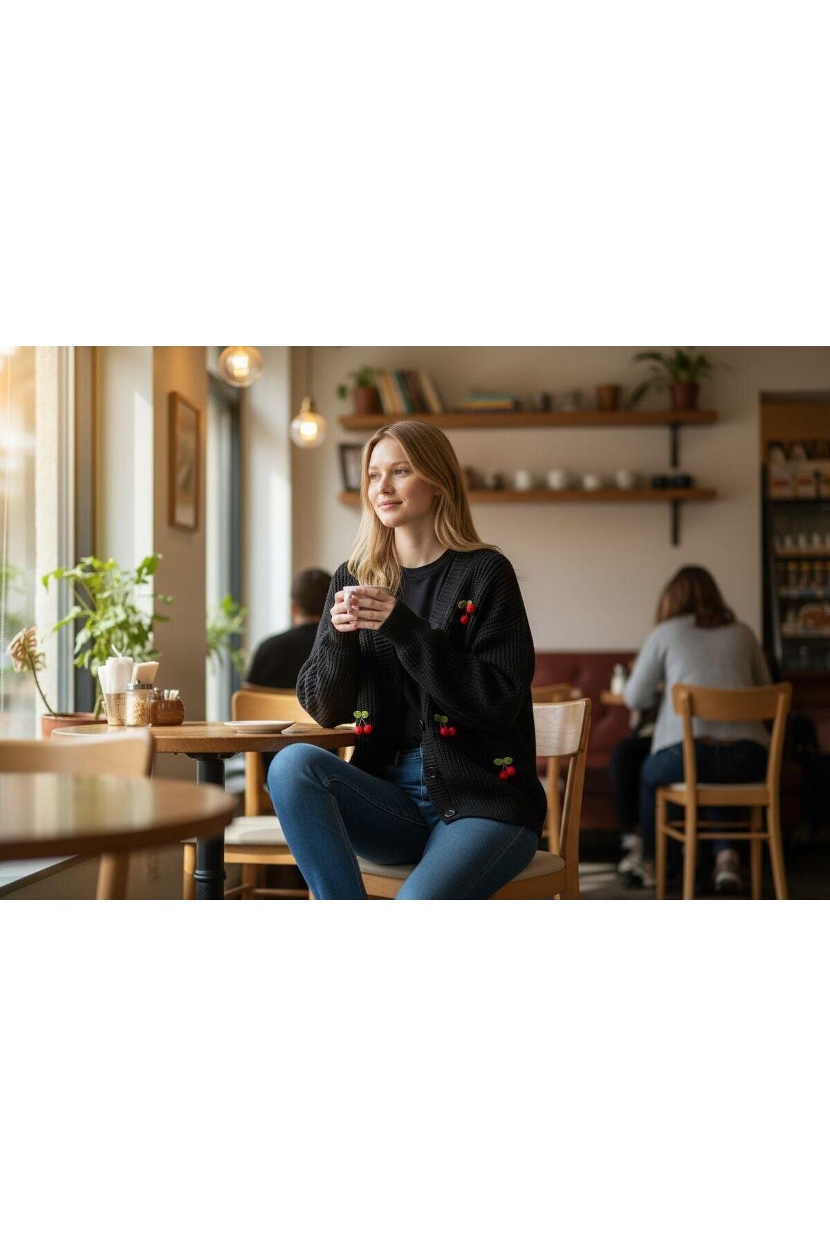Long-Sleeved Knit Cherry-Detailed Modest Sweater - Black - EREN STYLE