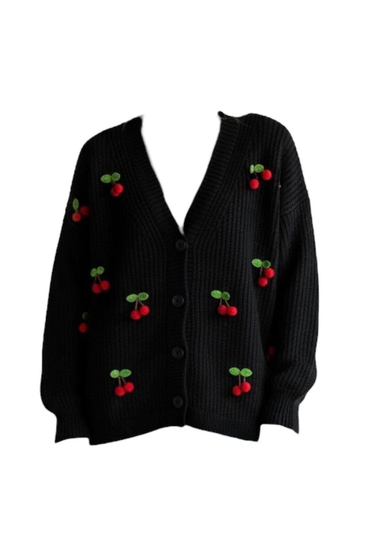 Long-Sleeved Knit Cherry-Detailed Modest Sweater - Black - EREN STYLE