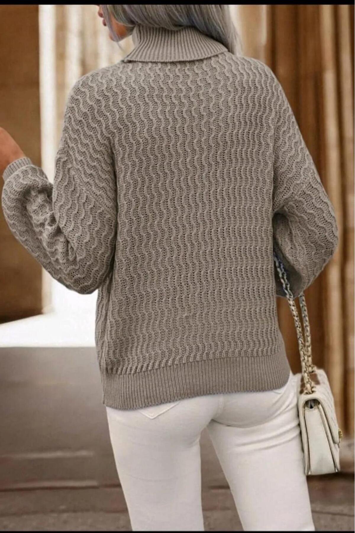 Wave Pattern Knit Turtleneck Modest Sweater - Mink - EREN STYLE