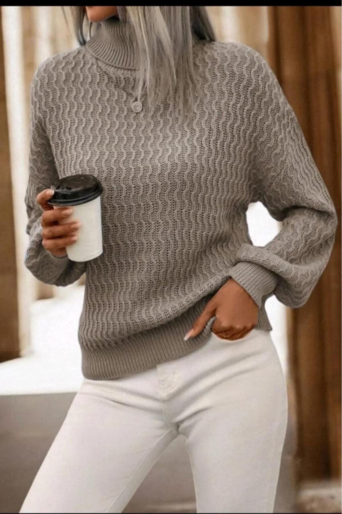 Wave Pattern Knit Turtleneck Modest Sweater - Mink - EREN STYLE