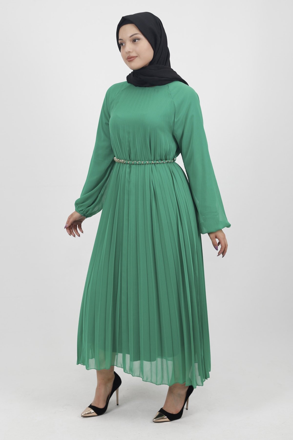 Pleated Chiffon Chain-Belted Modest Dress - Green - İkoll