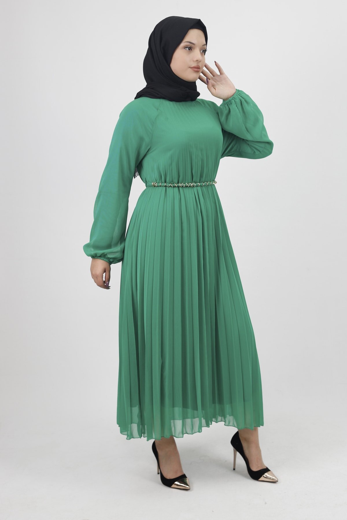 Pleated Chiffon Chain-Belted Modest Dress - Green - İkoll