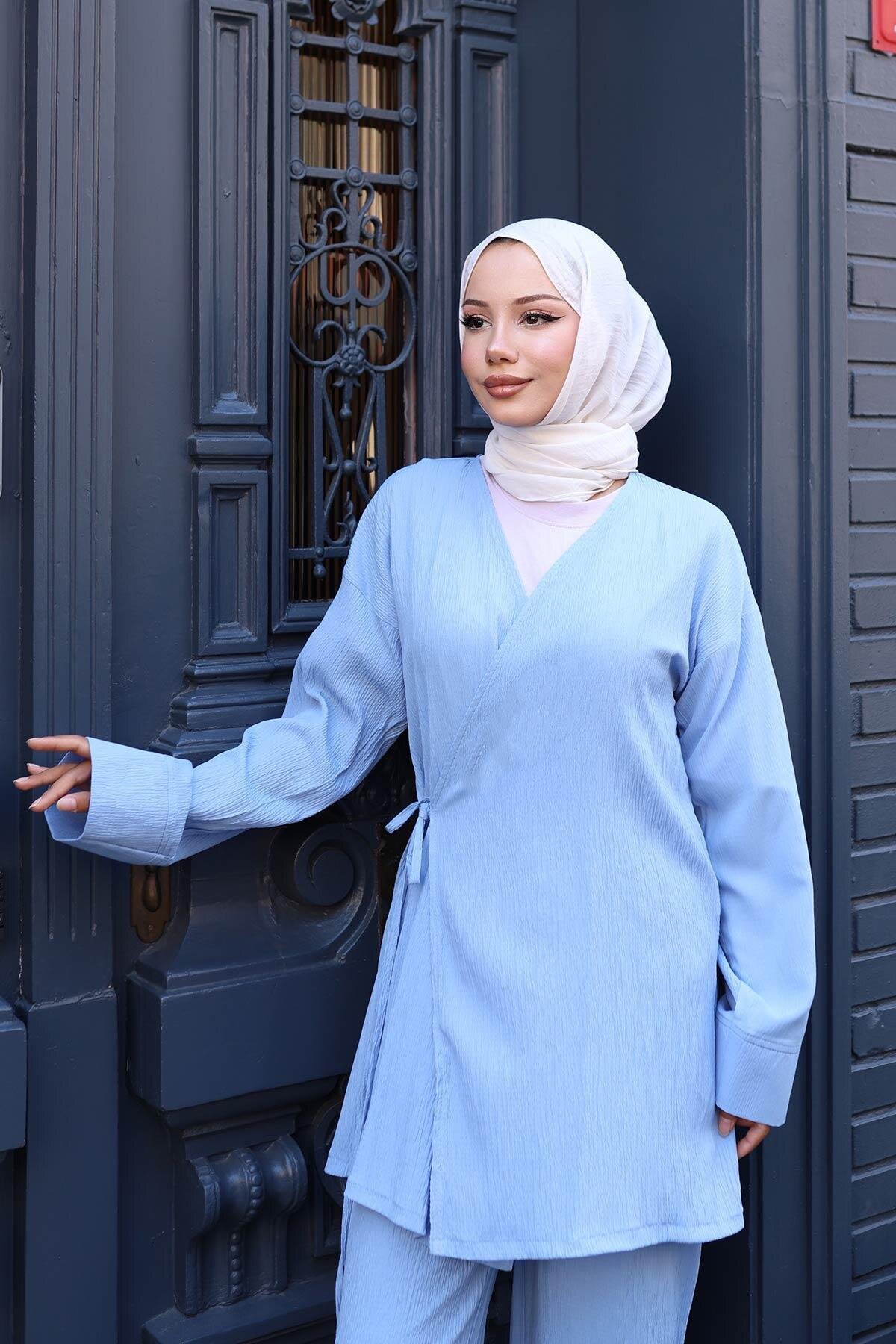 Bebe Mavi İkili Kimono Bağlama Detaylı Tesettür Takım - Misskayle