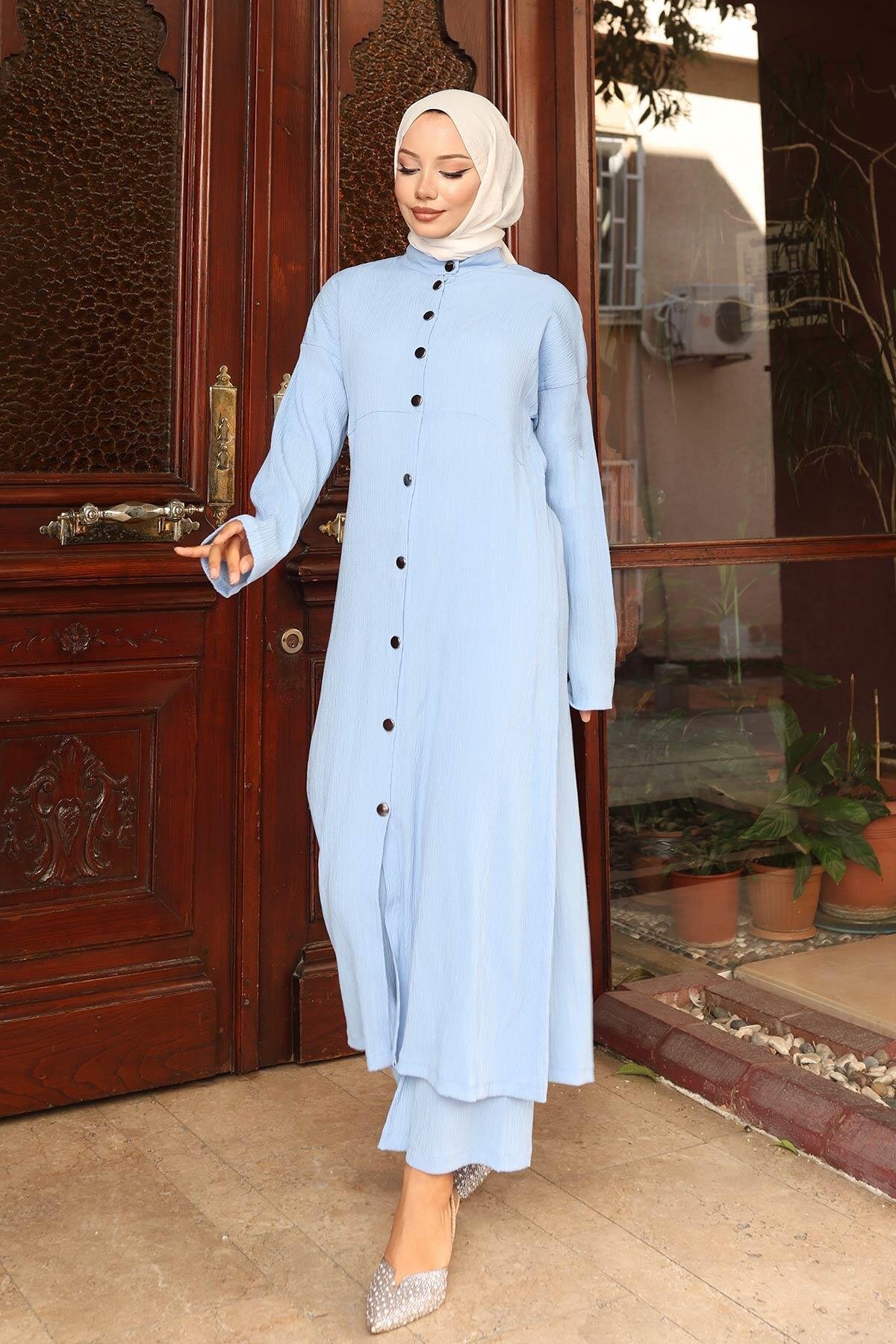 Long Double Collar Detail Modest Set - Baby Blue - Misskayle