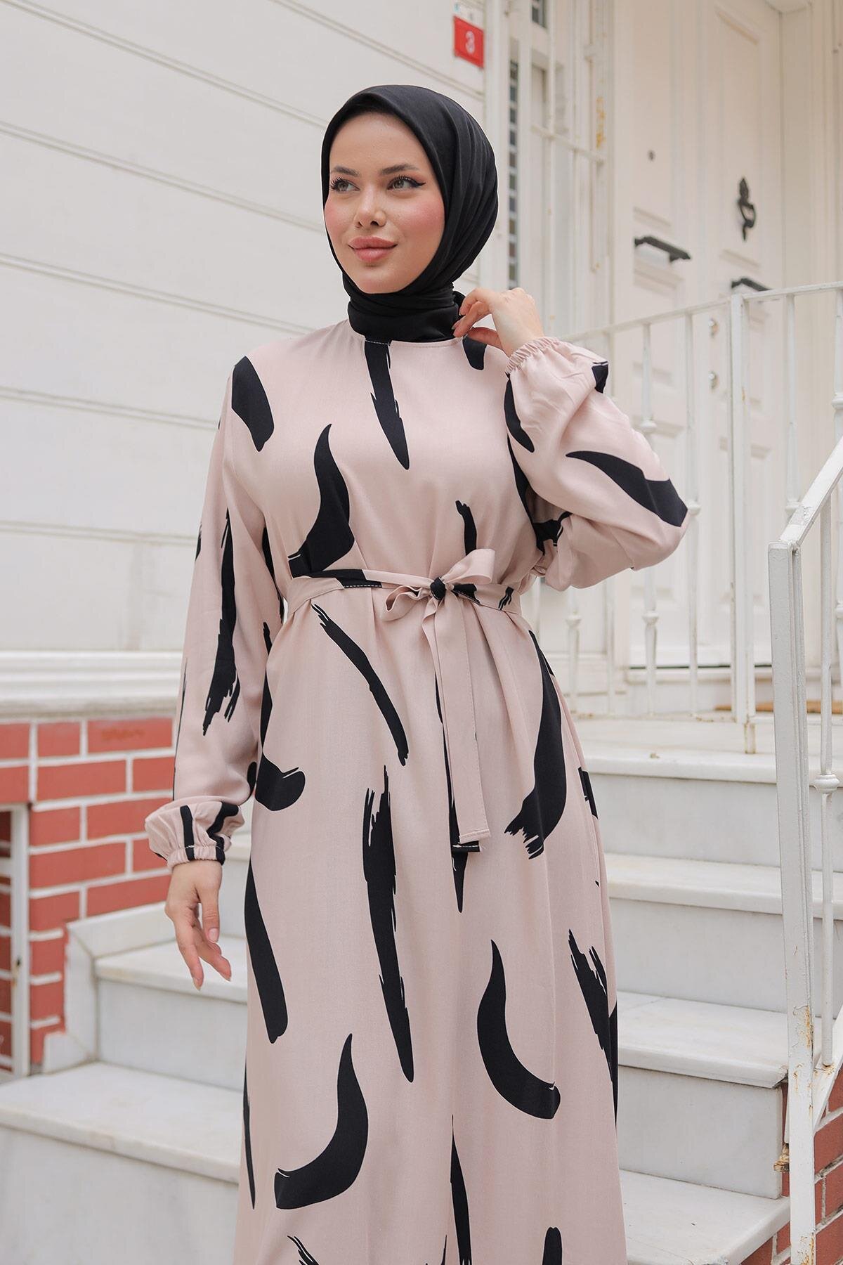 Large Brush Print Viscose Modest Dress - Beige - Misskayle