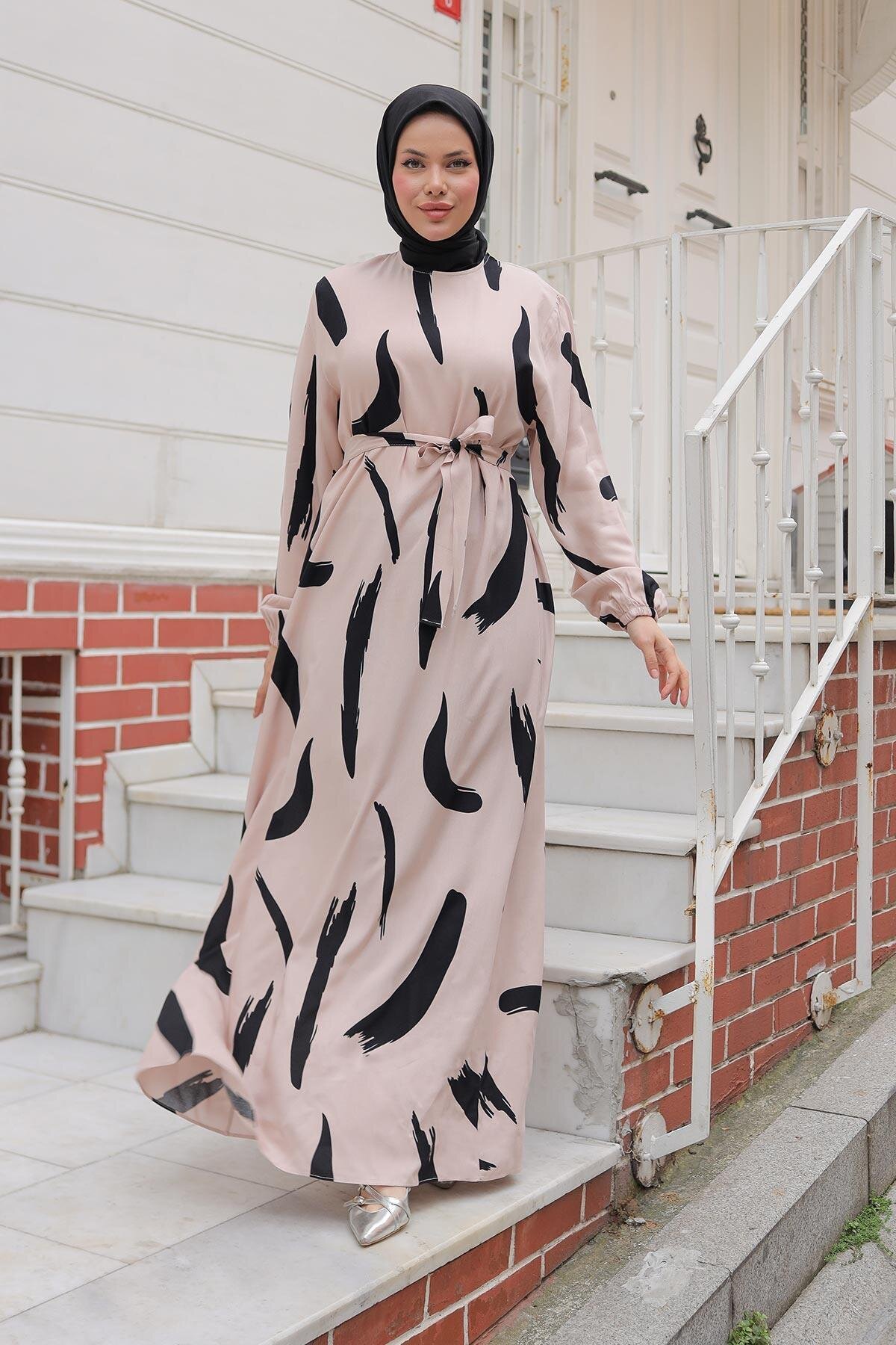 Large Brush Print Viscose Modest Dress - Beige - Misskayle