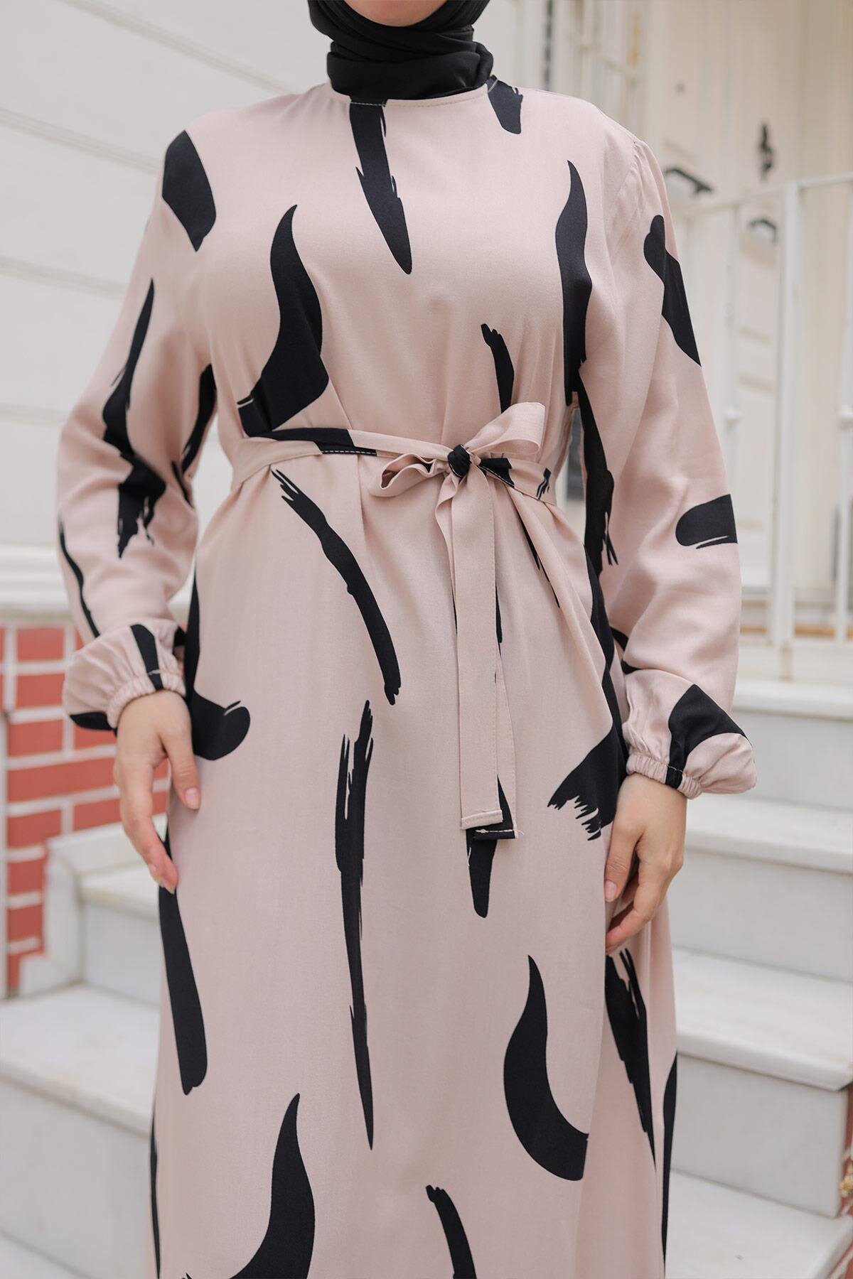 Large Brush Print Viscose Modest Dress - Beige - Misskayle