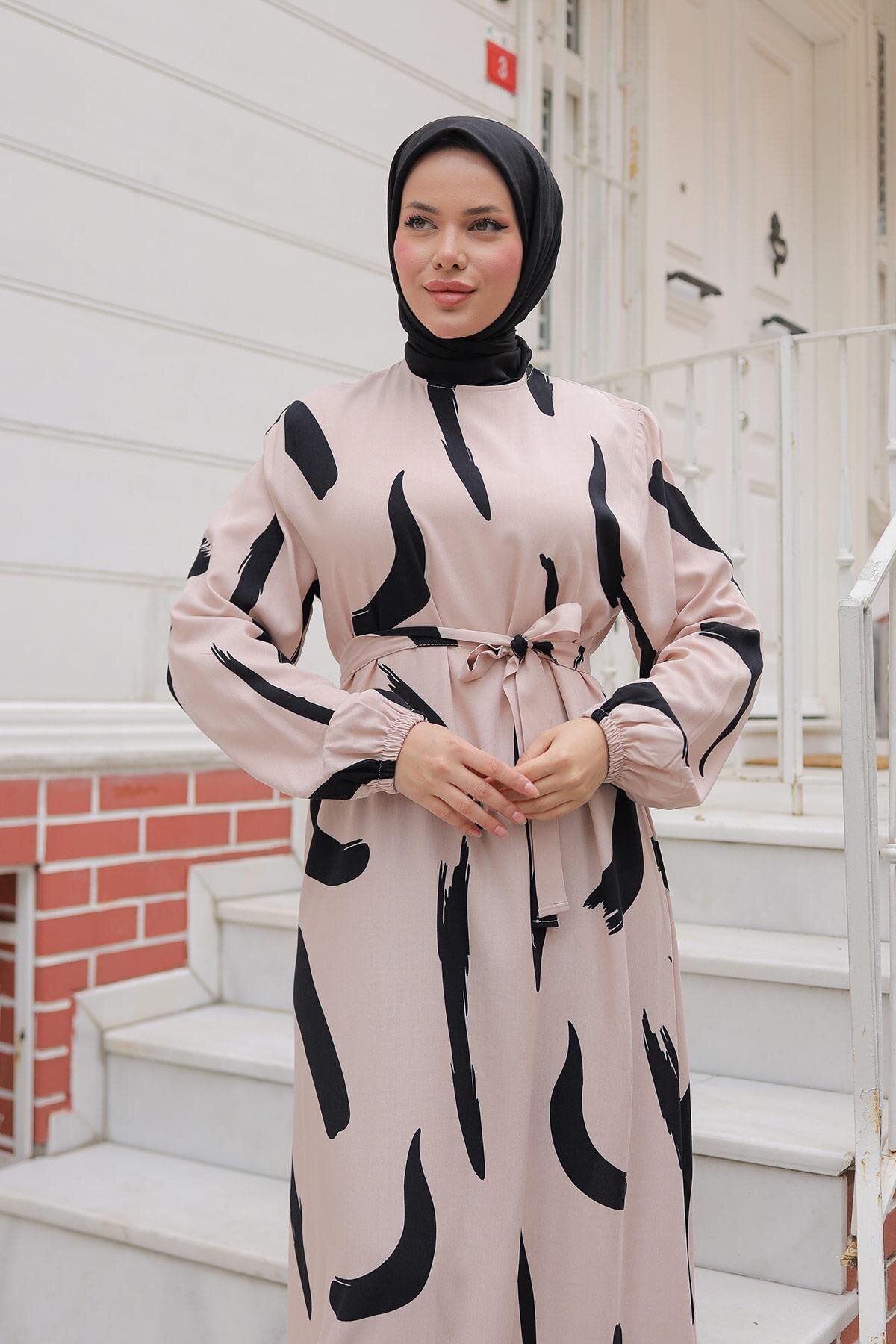 Large Brush Print Viscose Modest Dress - Beige - Misskayle
