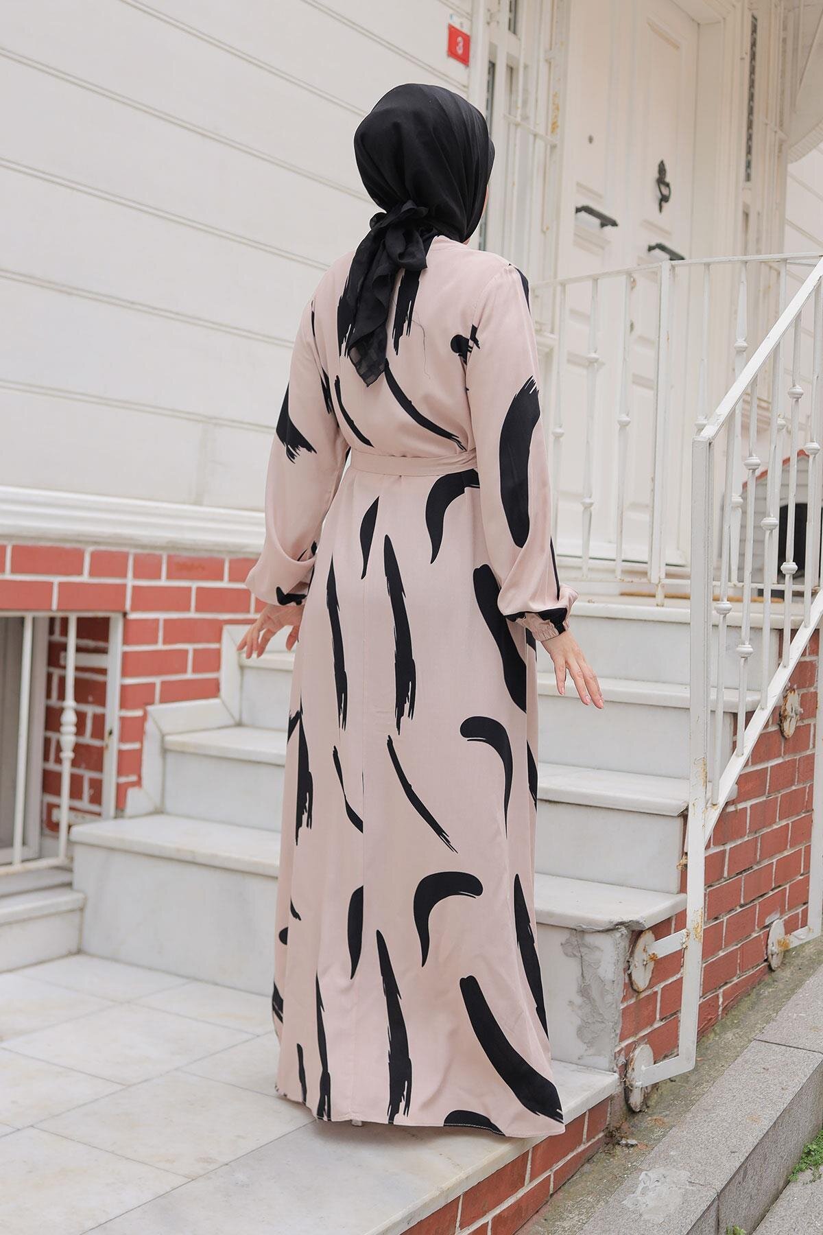 Large Brush Print Viscose Modest Dress - Beige - Misskayle