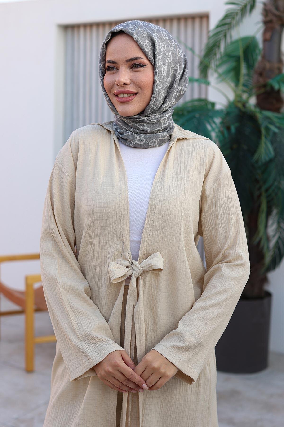Two-Piece Kimono Tie-Detail Modest Set - Beige - Misskayle