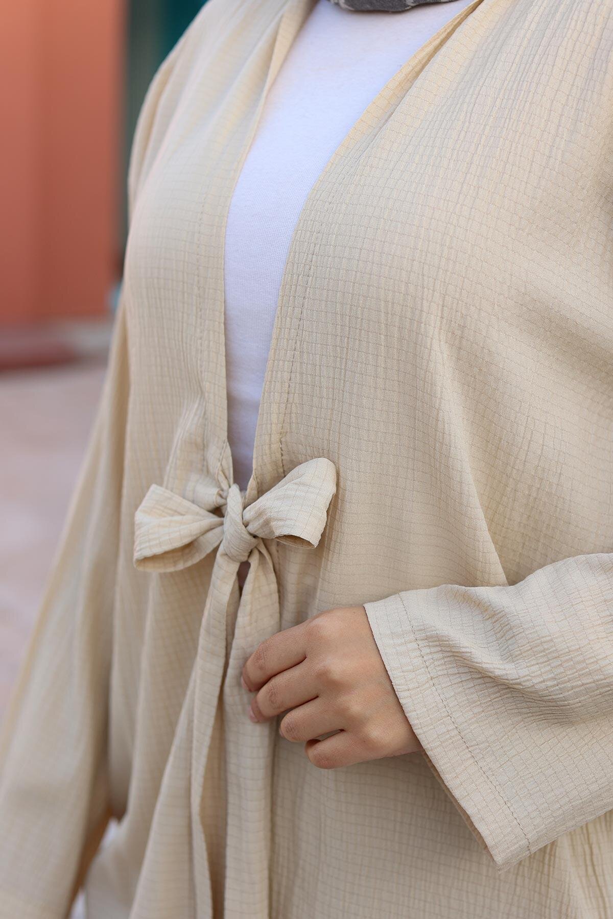 Two-Piece Kimono Tie-Detail Modest Set - Beige - Misskayle