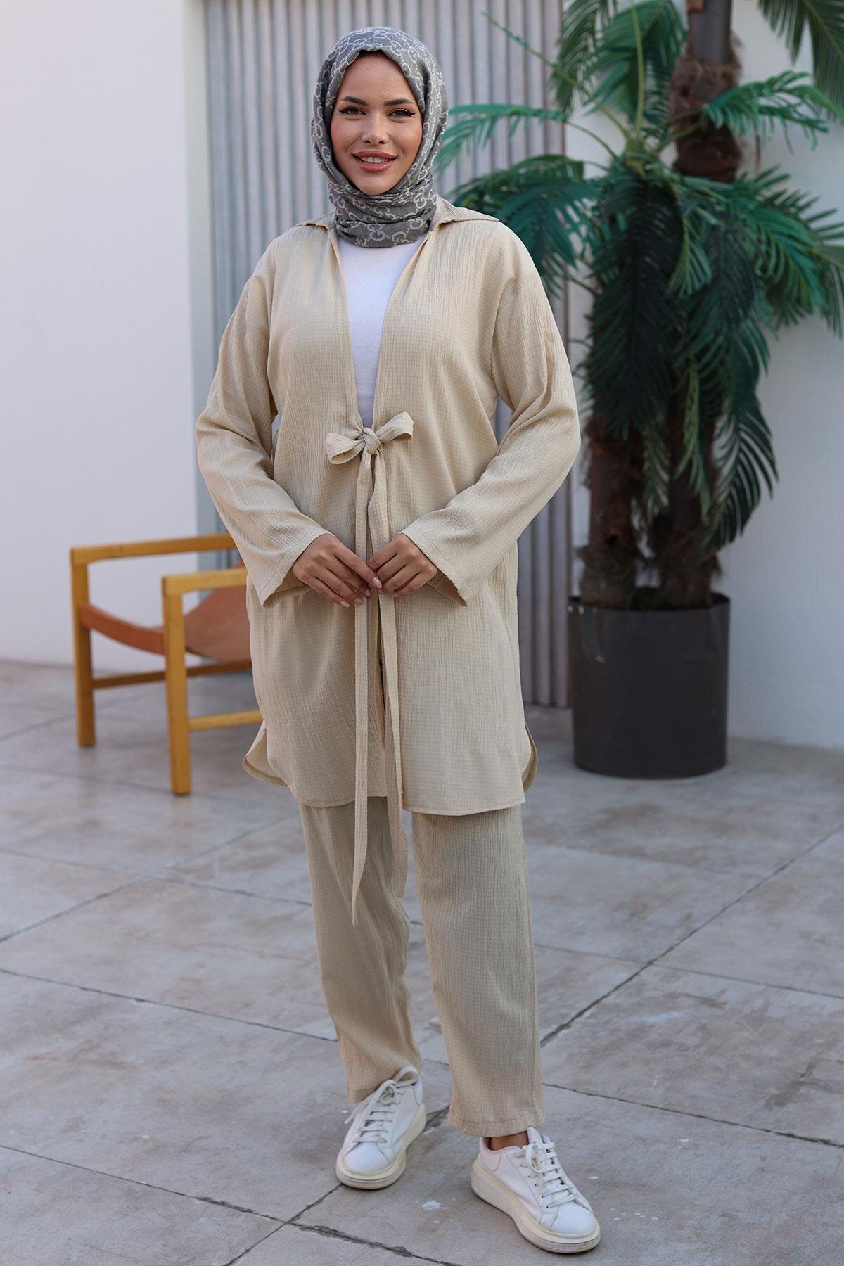 Two-Piece Kimono Tie-Detail Modest Set - Beige - Misskayle