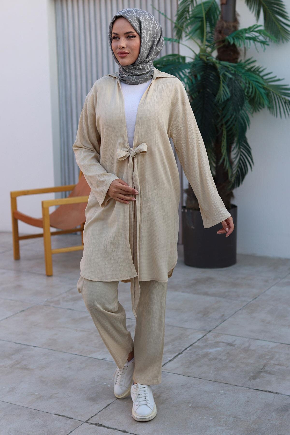 Two-Piece Kimono Tie-Detail Modest Set - Beige - Misskayle
