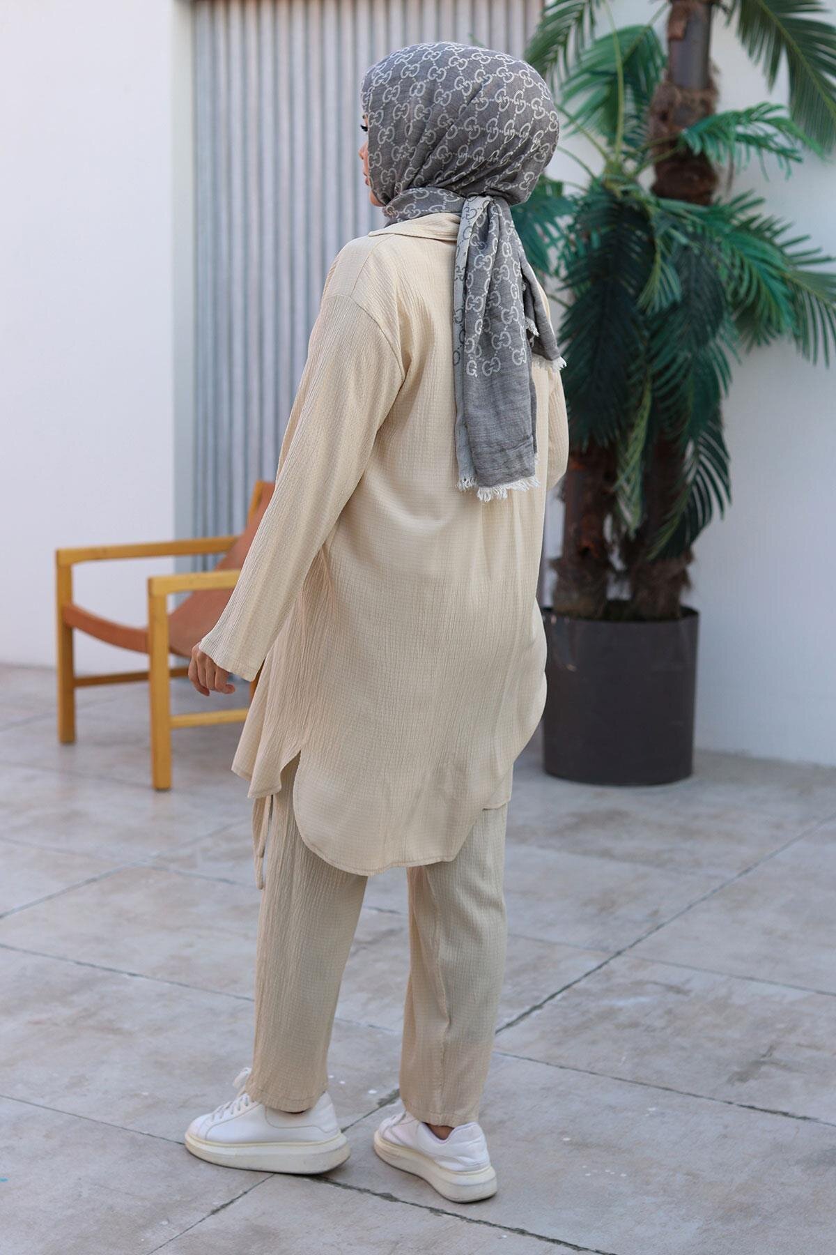 Two-Piece Kimono Tie-Detail Modest Set - Beige - Misskayle