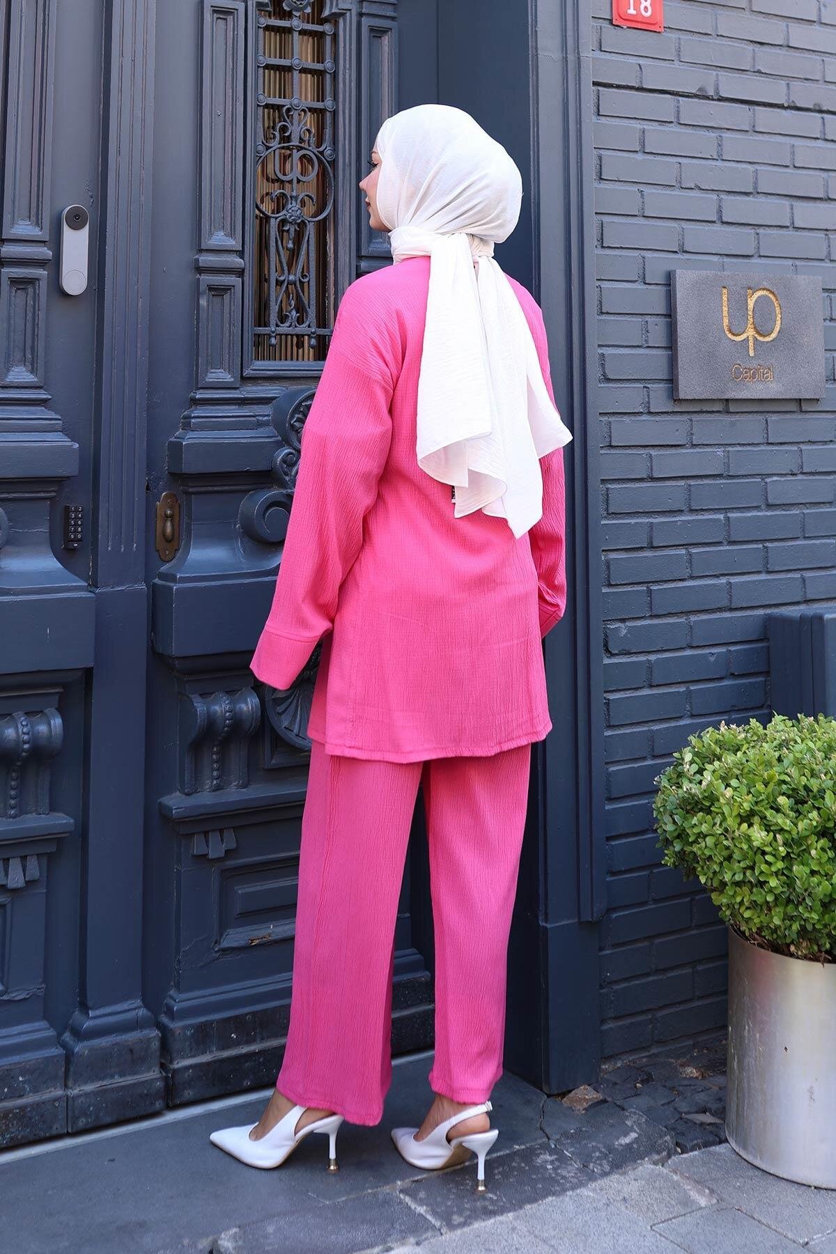 Fuşya Kimono İkili Bağlama Detaylı Tesettür Takım - Misskayle