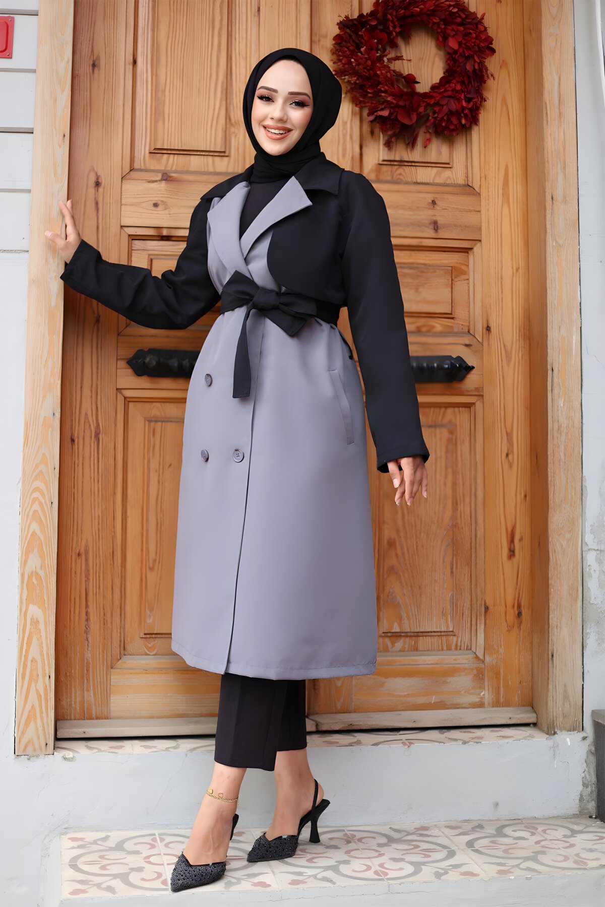 Gri Kolu Garnili Trençkot - Misskayle