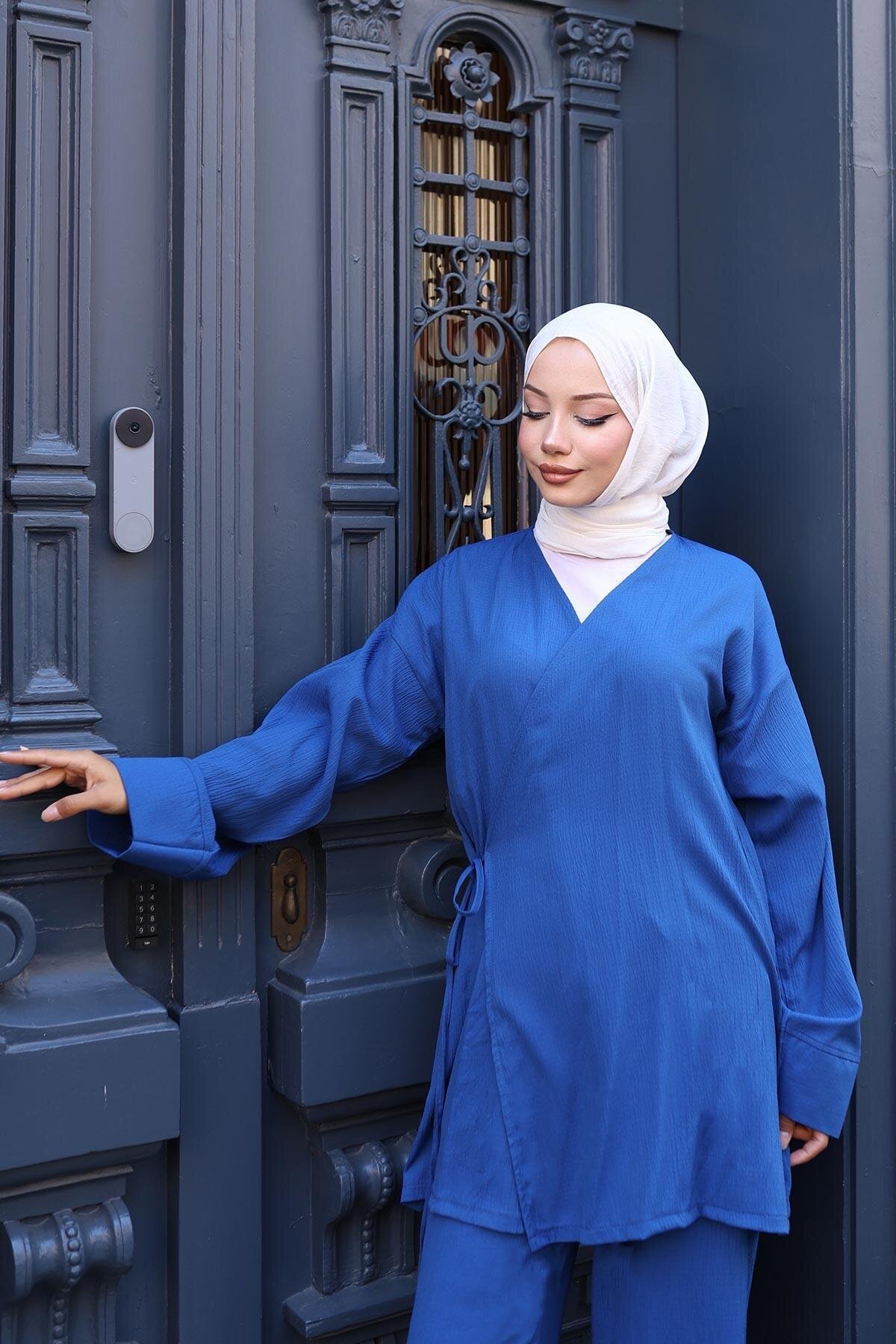 طقم محتشم كيمونو ثنائي تفاصيل ربط لون نيلي - Misskayle
