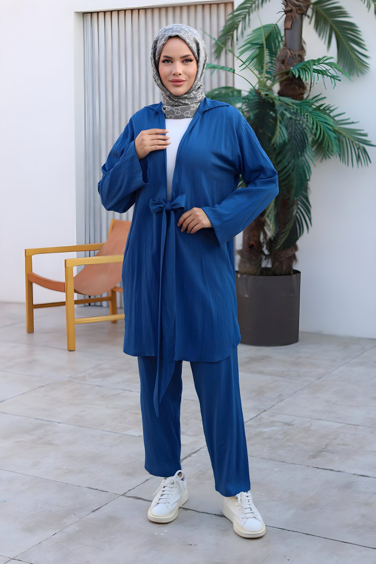 İndigo Kimono İkili Bağlama Detaylı Tesettür Takım - Misskayle