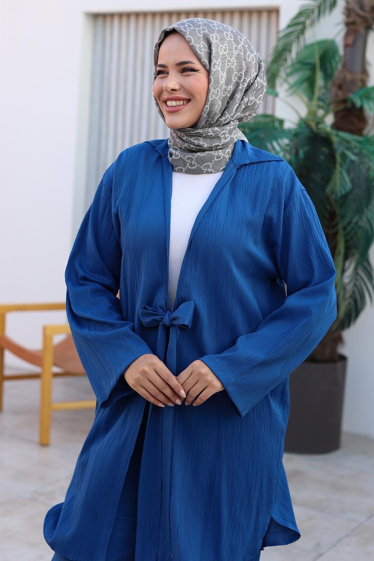 İndigo Kimono İkili Bağlama Detaylı Tesettür Takım - Misskayle