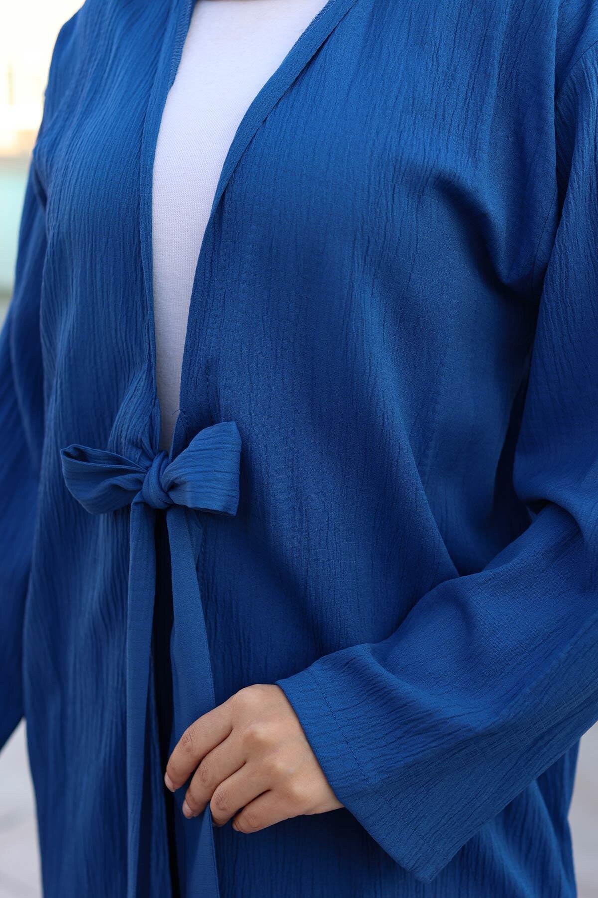 İndigo Kimono İkili Bağlama Detaylı Tesettür Takım - Misskayle