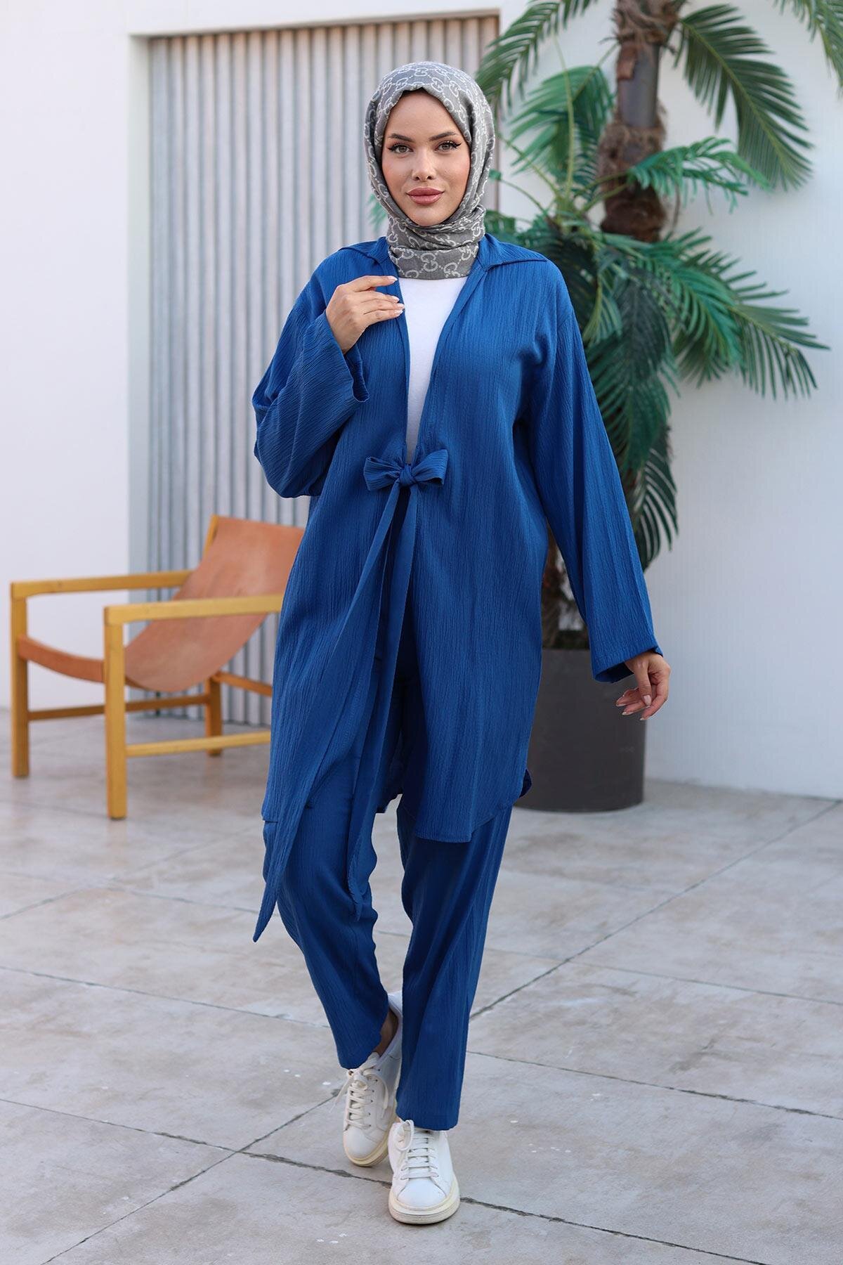 İndigo Kimono İkili Bağlama Detaylı Tesettür Takım - Misskayle