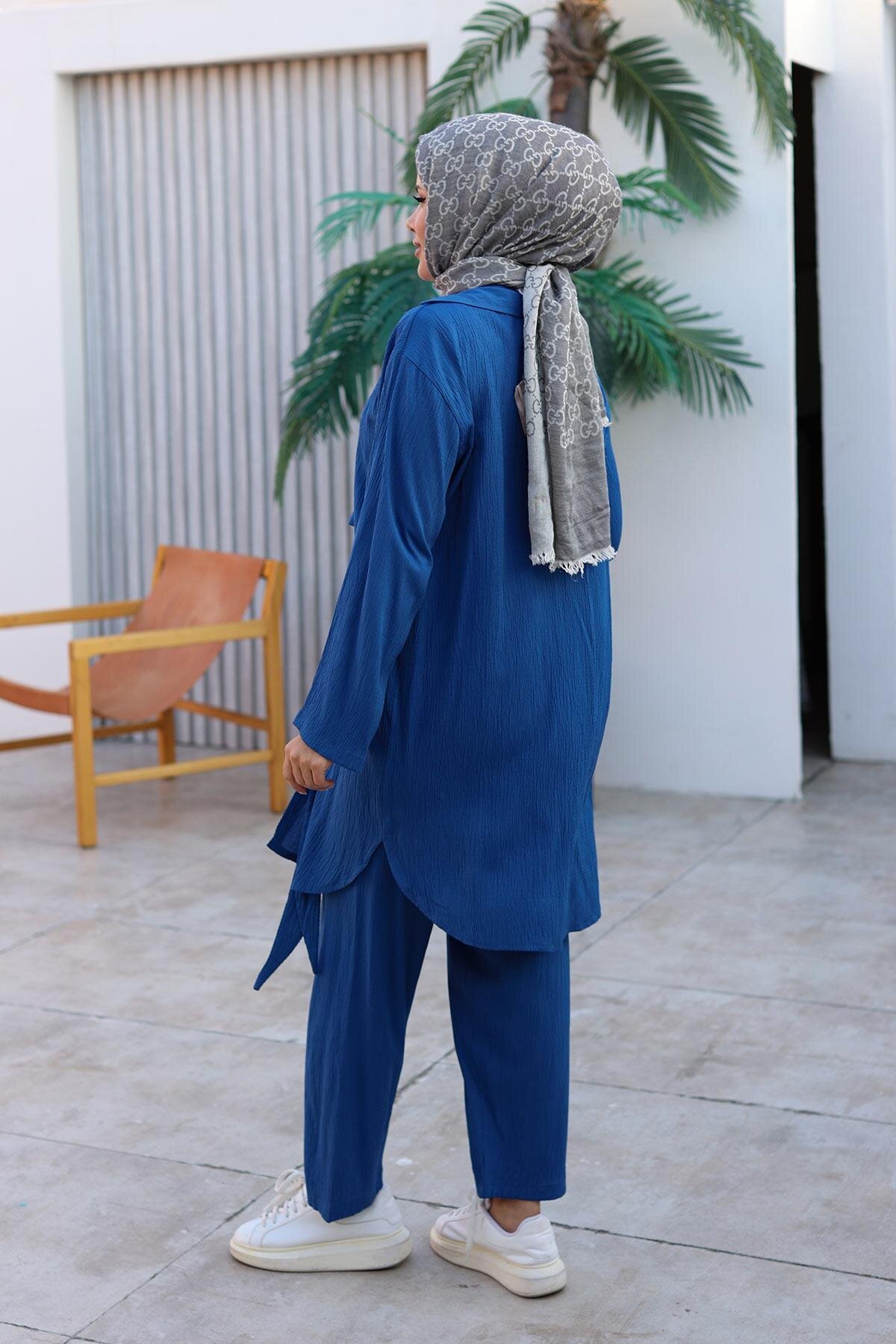 İndigo Kimono İkili Bağlama Detaylı Tesettür Takım - Misskayle