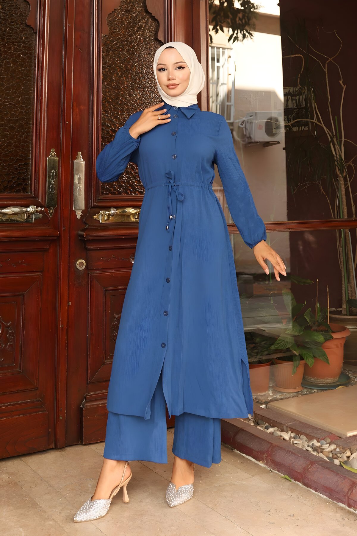 İndigo Uzun Yırtmaç Detaylı İkili Tesettür Takım - Misskayle