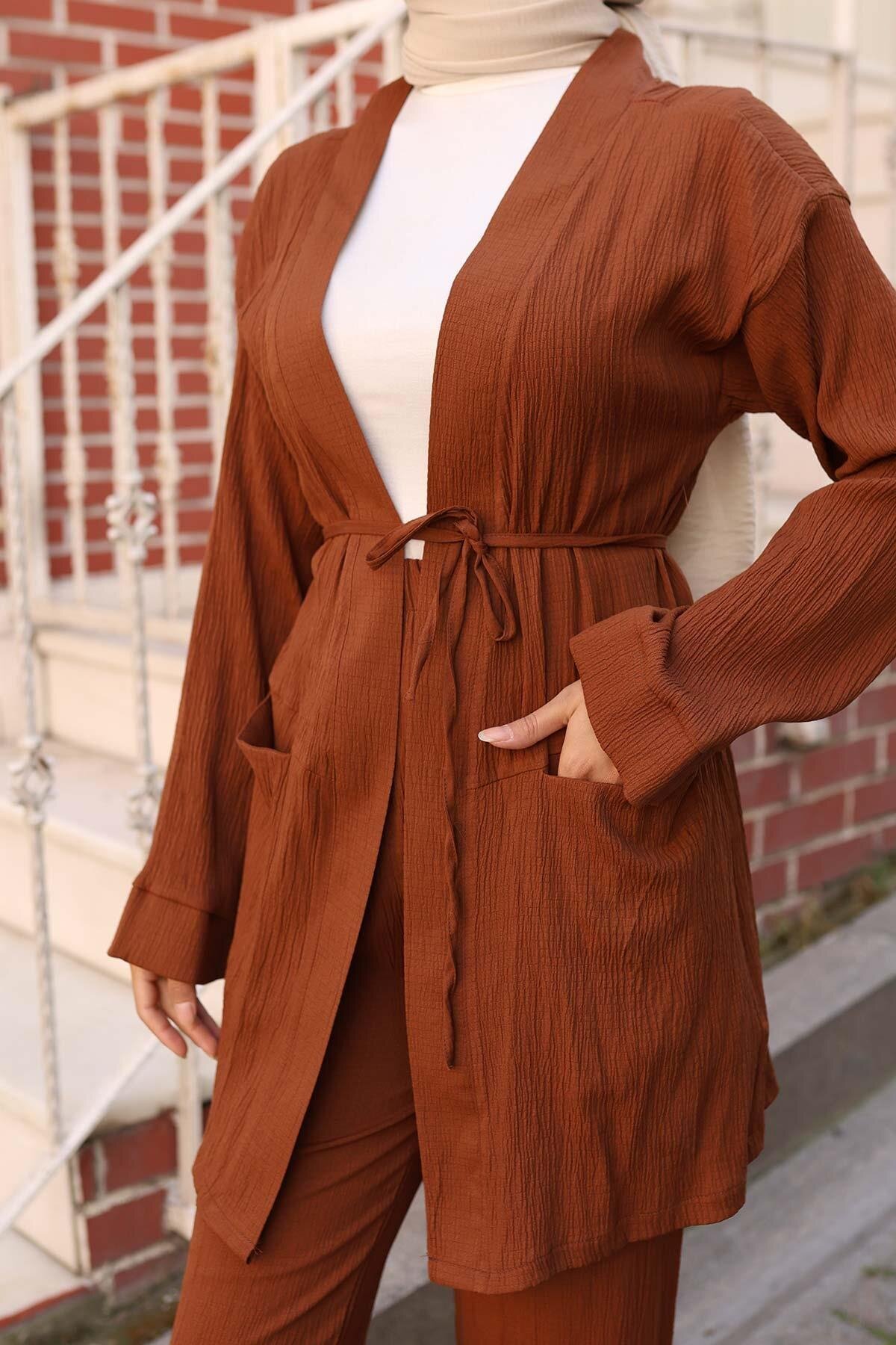Kahverengi Kimono Cep Detaylı İkili Tesettür Takım - Misskayle