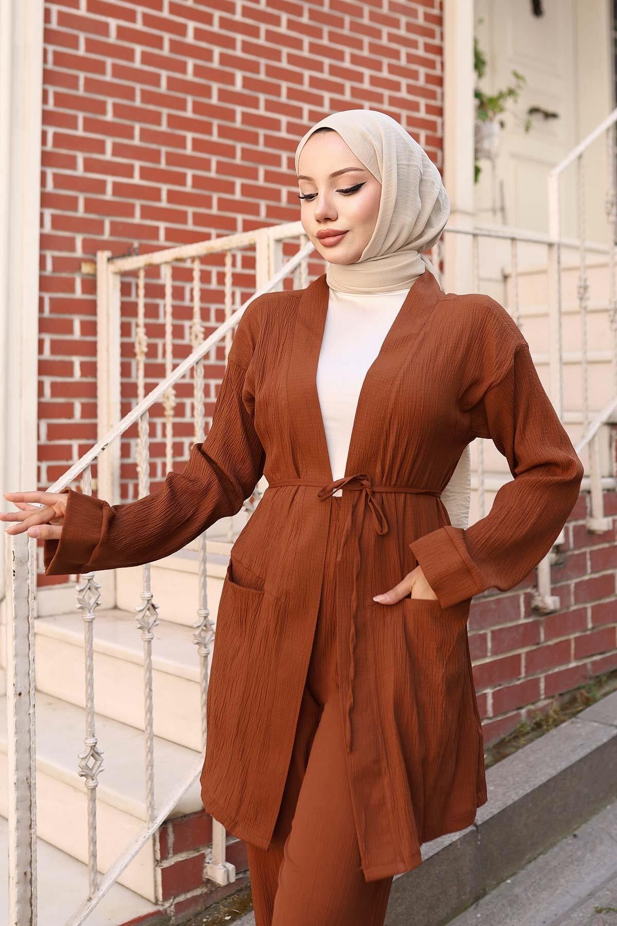 Kahverengi Kimono Cep Detaylı İkili Tesettür Takım - Misskayle
