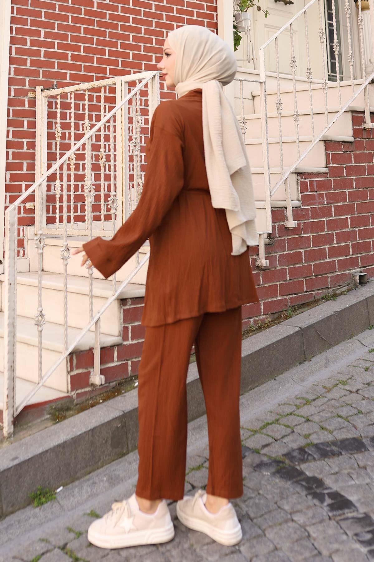Kahverengi Kimono Cep Detaylı İkili Tesettür Takım - Misskayle