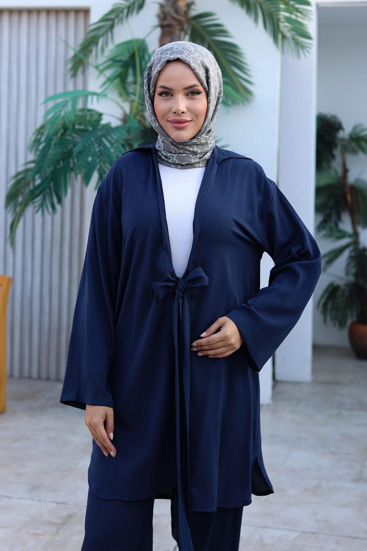 Lacivert Kimono Bağlama Detaylı İkili Tesettür Takım - Misskayle