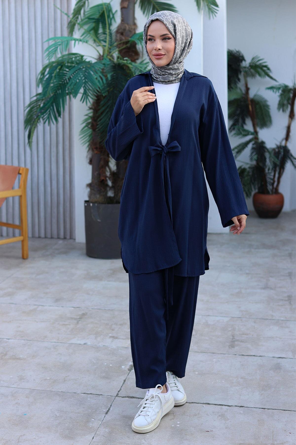 Lacivert Kimono Bağlama Detaylı İkili Tesettür Takım - Misskayle