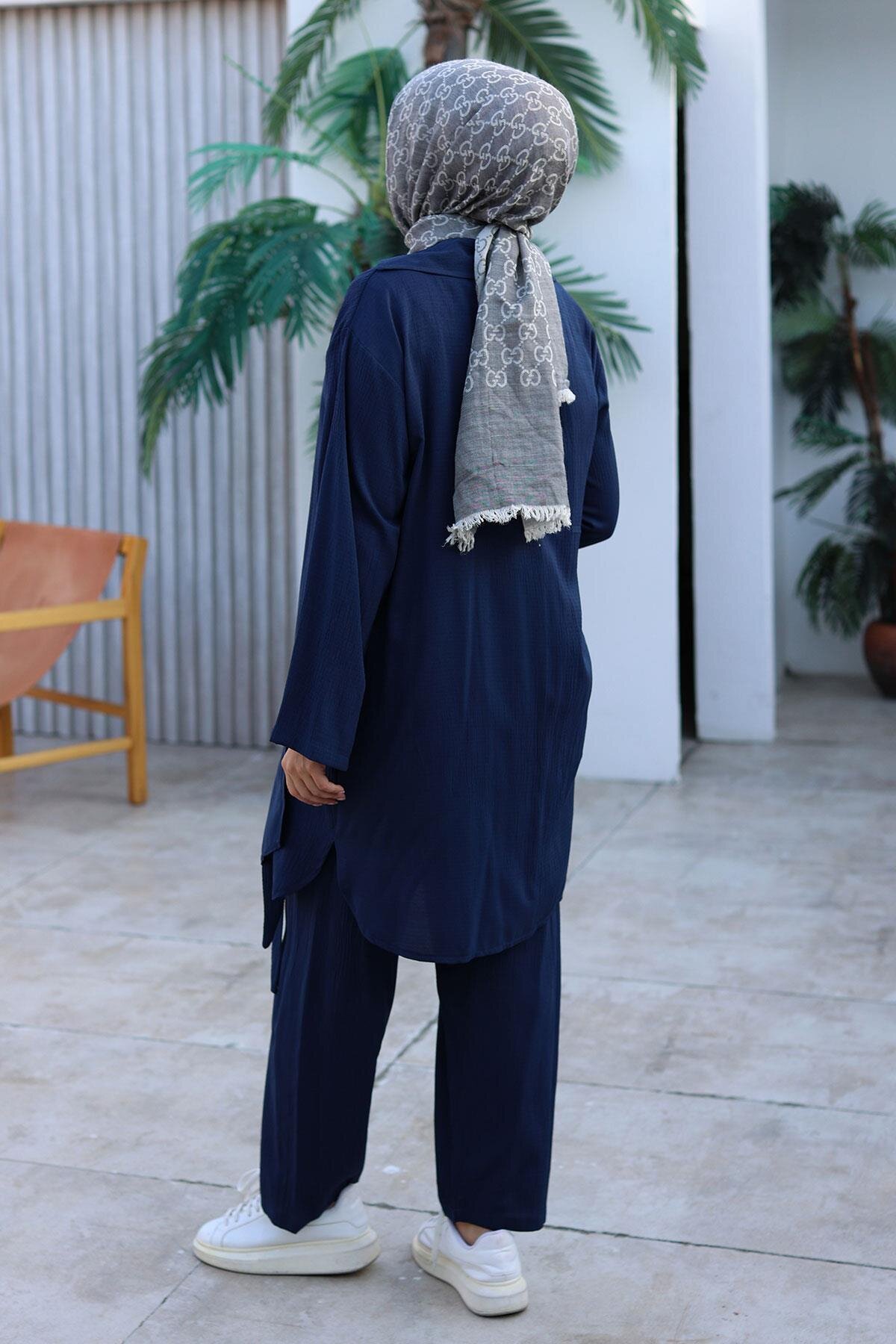 Lacivert Kimono Bağlama Detaylı İkili Tesettür Takım - Misskayle