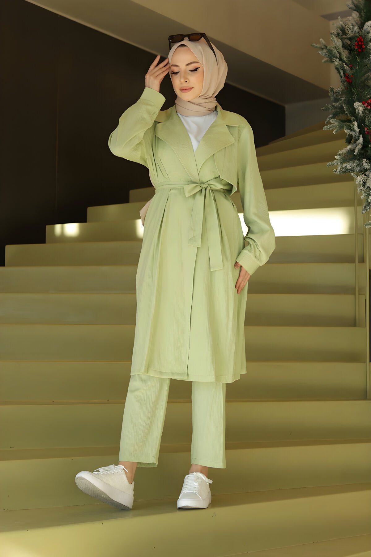 Mint Yeşili İkili Ay Parça Detaylı Tesettür Takım - Misskayle