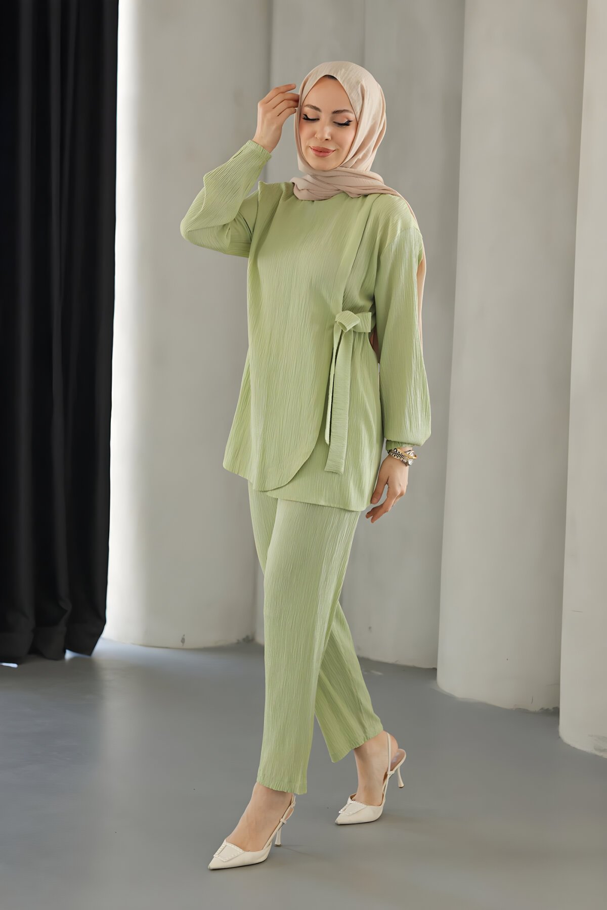 Two-Piece Tie-Detail Modest Set - Mint Green - Misskayle