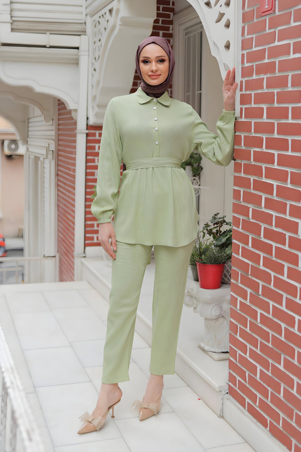 Two-Piece Stone Button Detail Modest Set - Mint Green - Misskayle