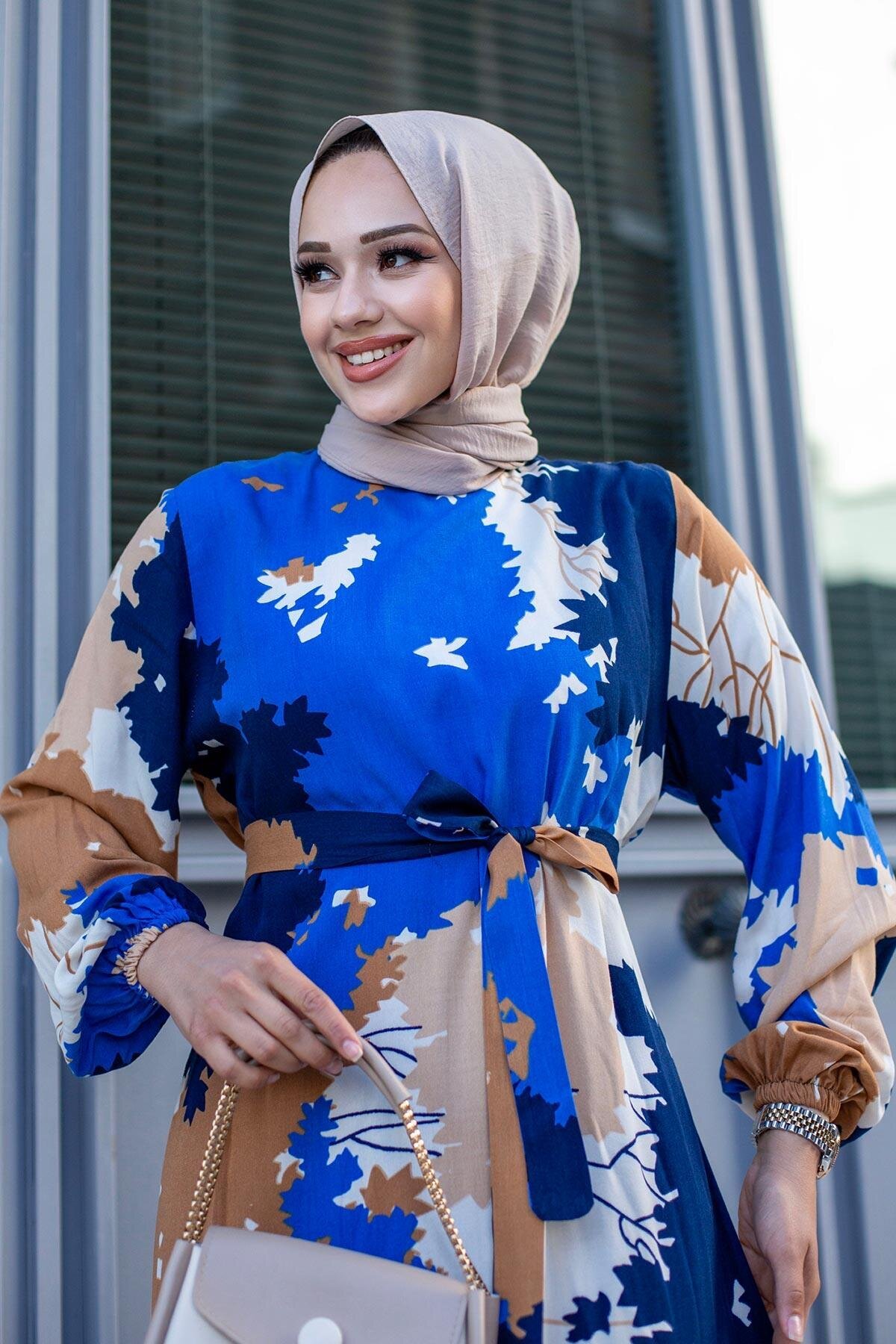 Modest Leaf-Patterned Dress - Royal Blue - Misskayle