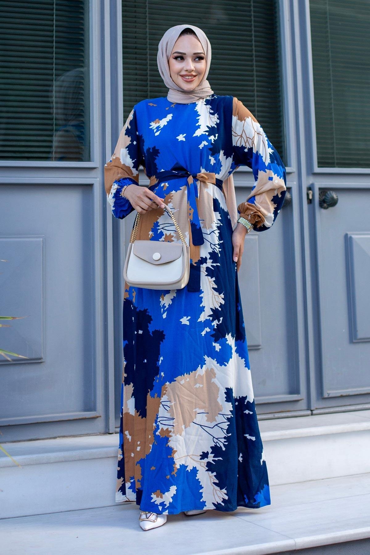 Modest Leaf-Patterned Dress - Royal Blue - Misskayle