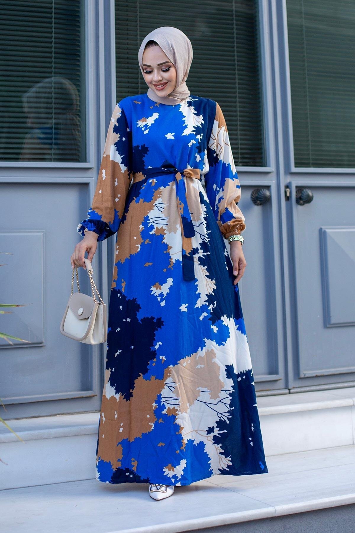 Modest Leaf-Patterned Dress - Royal Blue - Misskayle