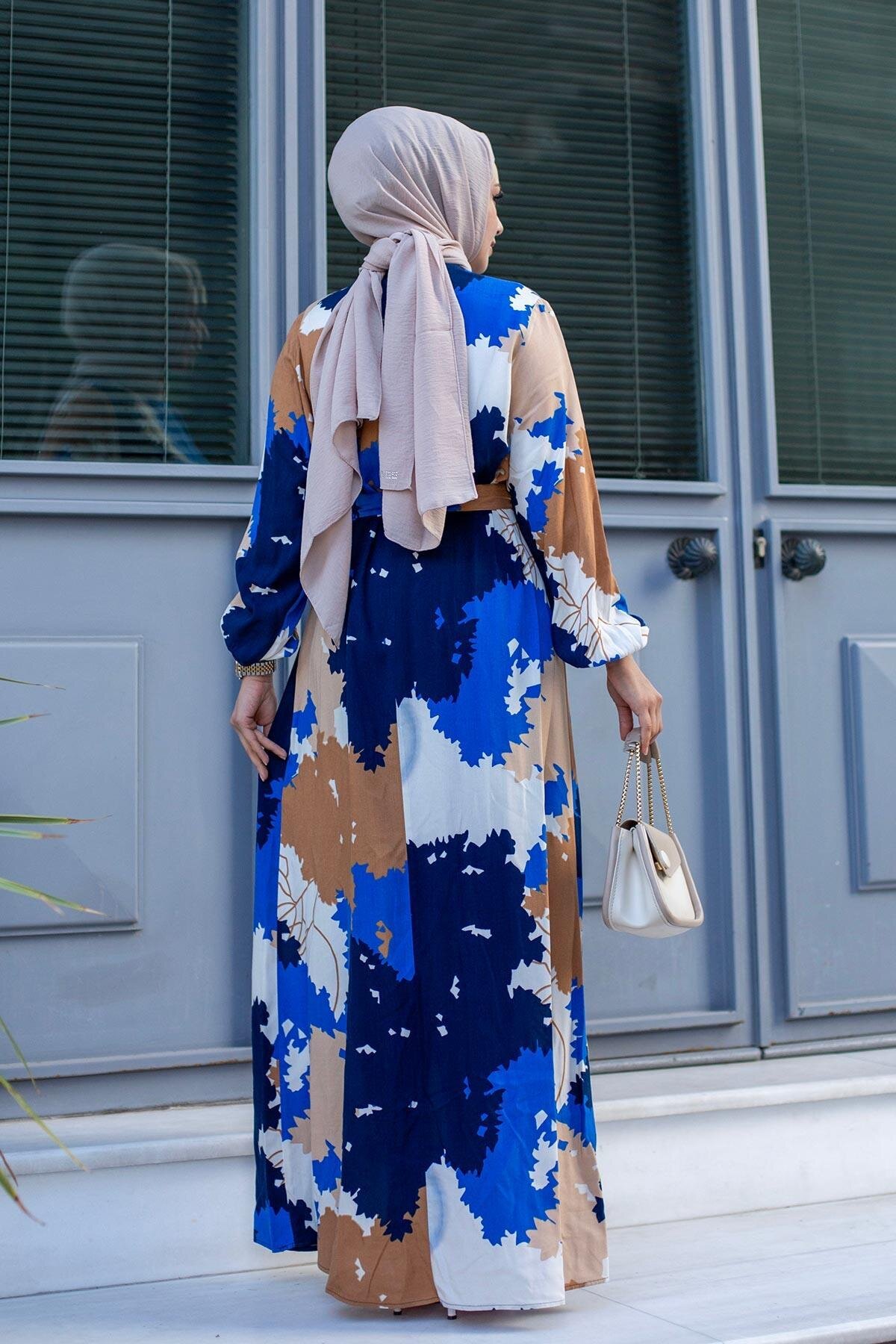 Modest Leaf-Patterned Dress - Royal Blue - Misskayle