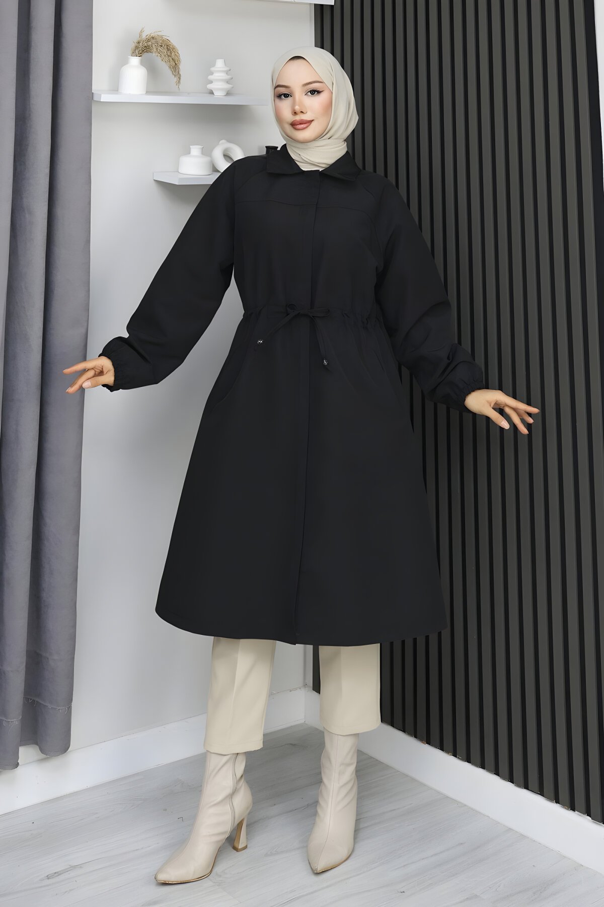 Siyah Gizli Patlı Trençkot - Misskayle