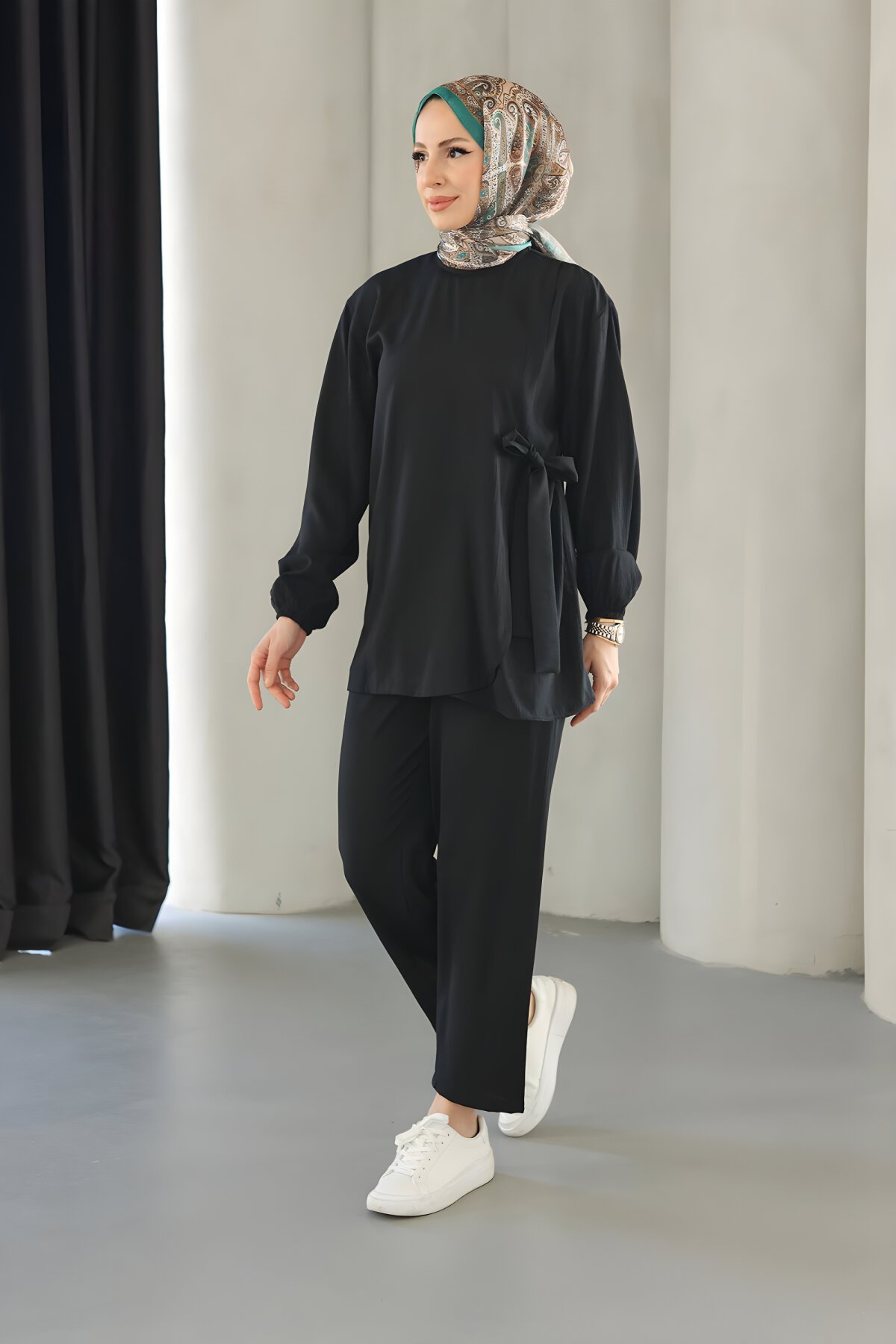 Two-Piece Tie-Detail Modest Set - Black - Misskayle