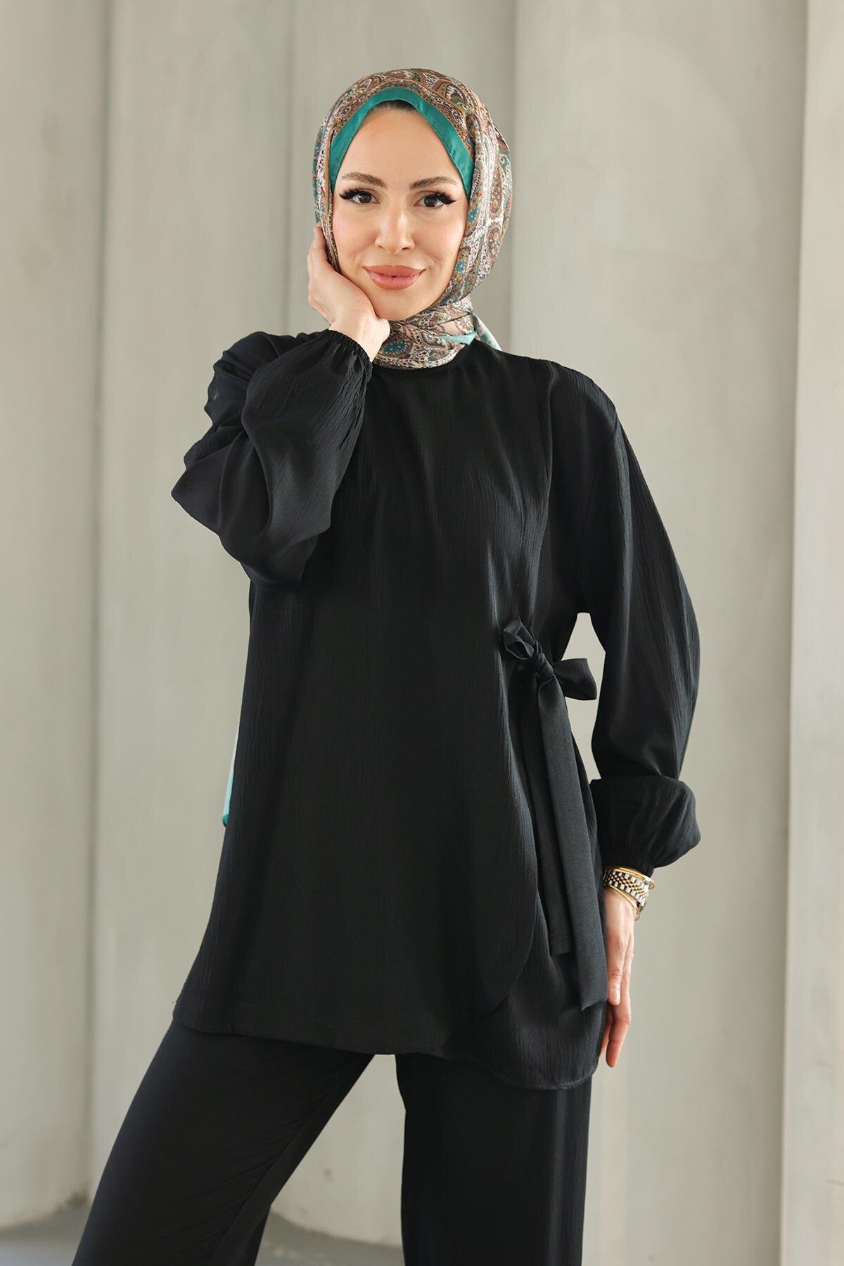 Two-Piece Tie-Detail Modest Set - Black - Misskayle