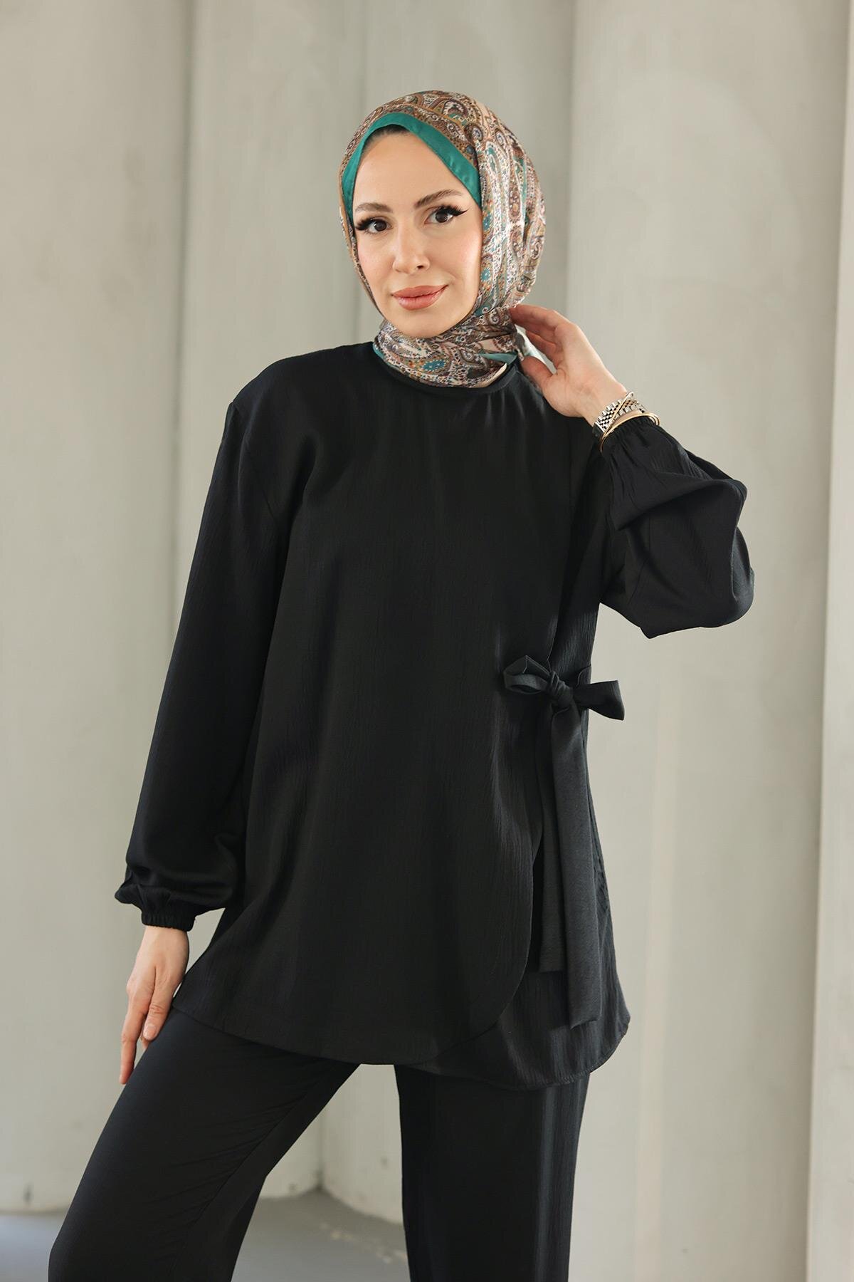 Two-Piece Tie-Detail Modest Set - Black - Misskayle