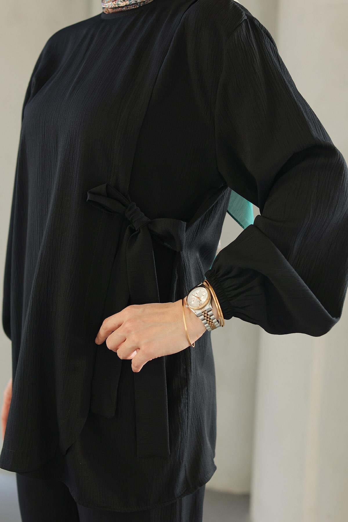Two-Piece Tie-Detail Modest Set - Black - Misskayle