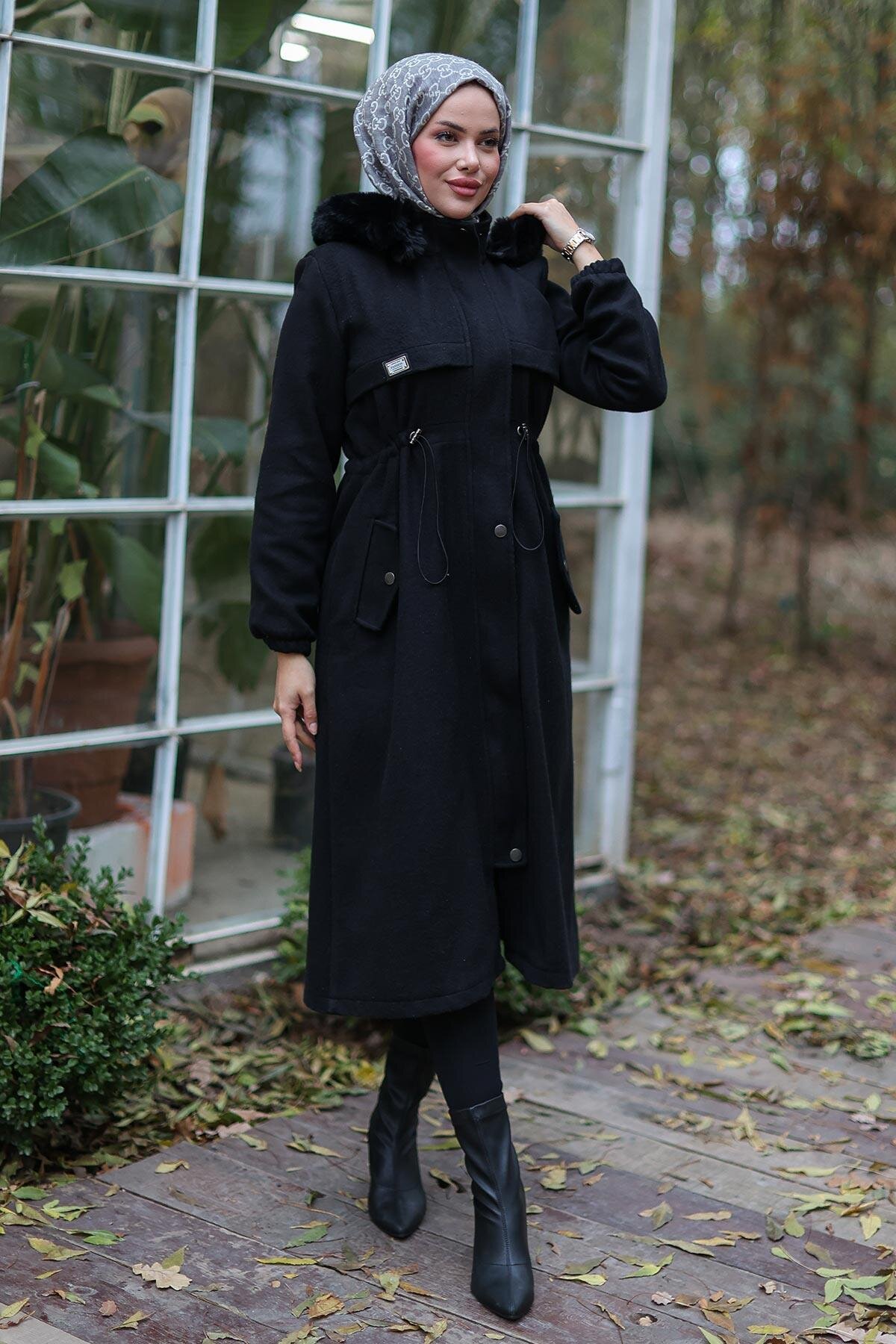 Melton Tunnel-Detail Modest Winter Coat - Black - Misskayle