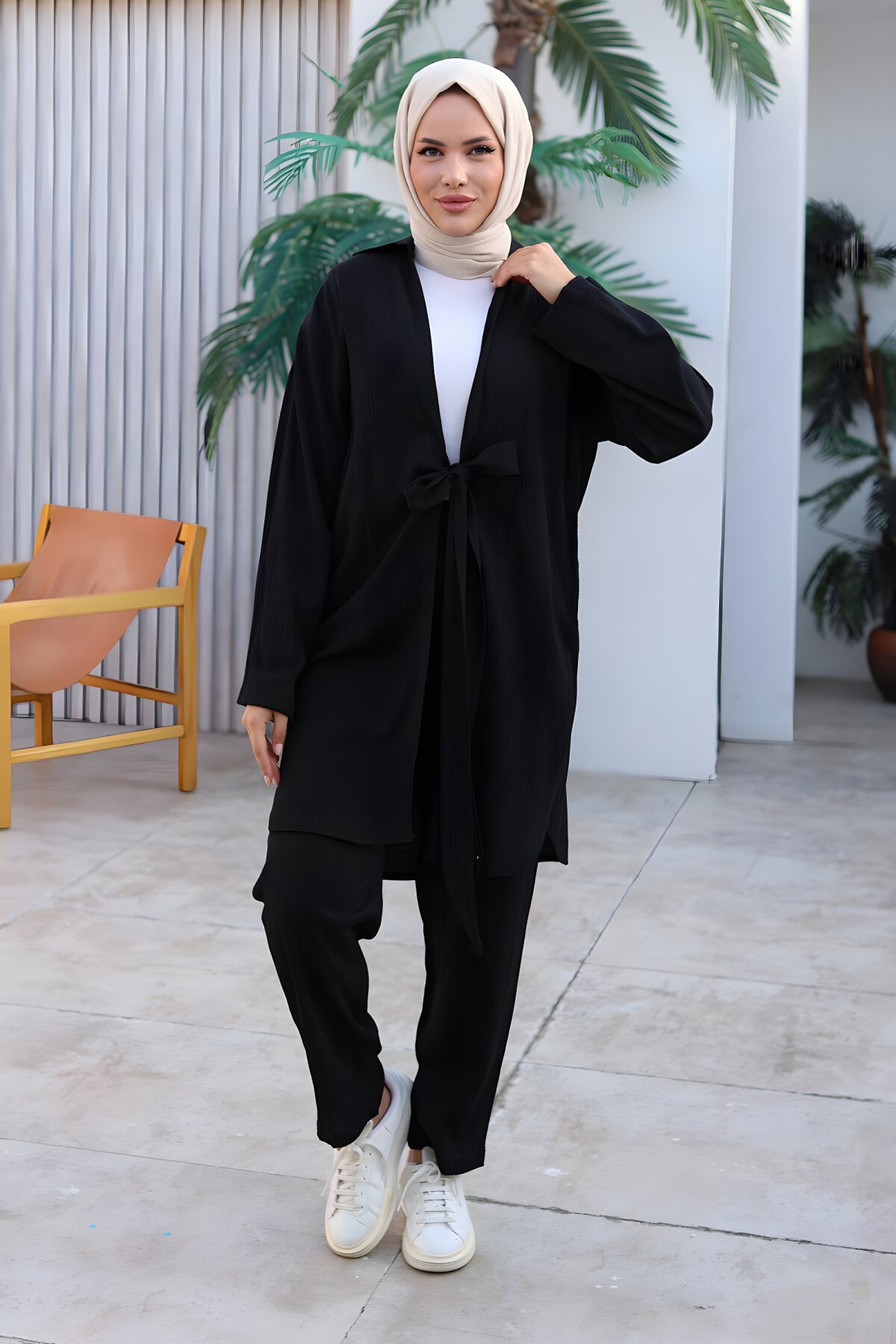 Siyah Kimono İkili Bağlama Detaylı Tesettür Takım - Misskayle