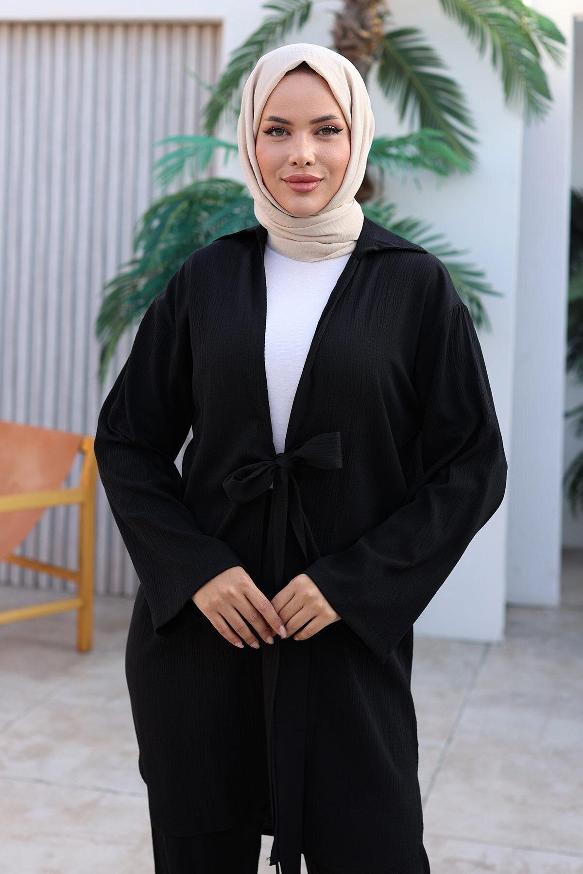 Siyah Kimono İkili Bağlama Detaylı Tesettür Takım - Misskayle