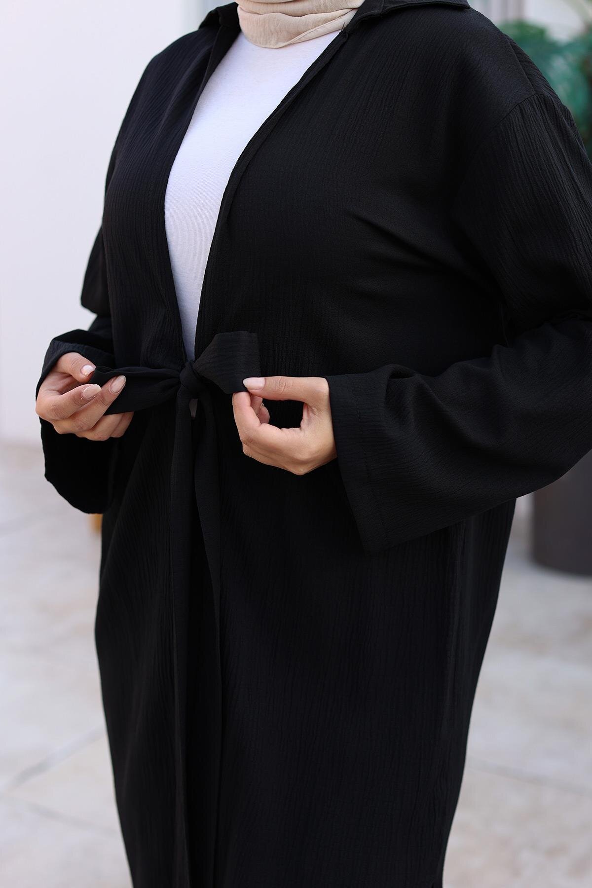 Siyah Kimono İkili Bağlama Detaylı Tesettür Takım - Misskayle